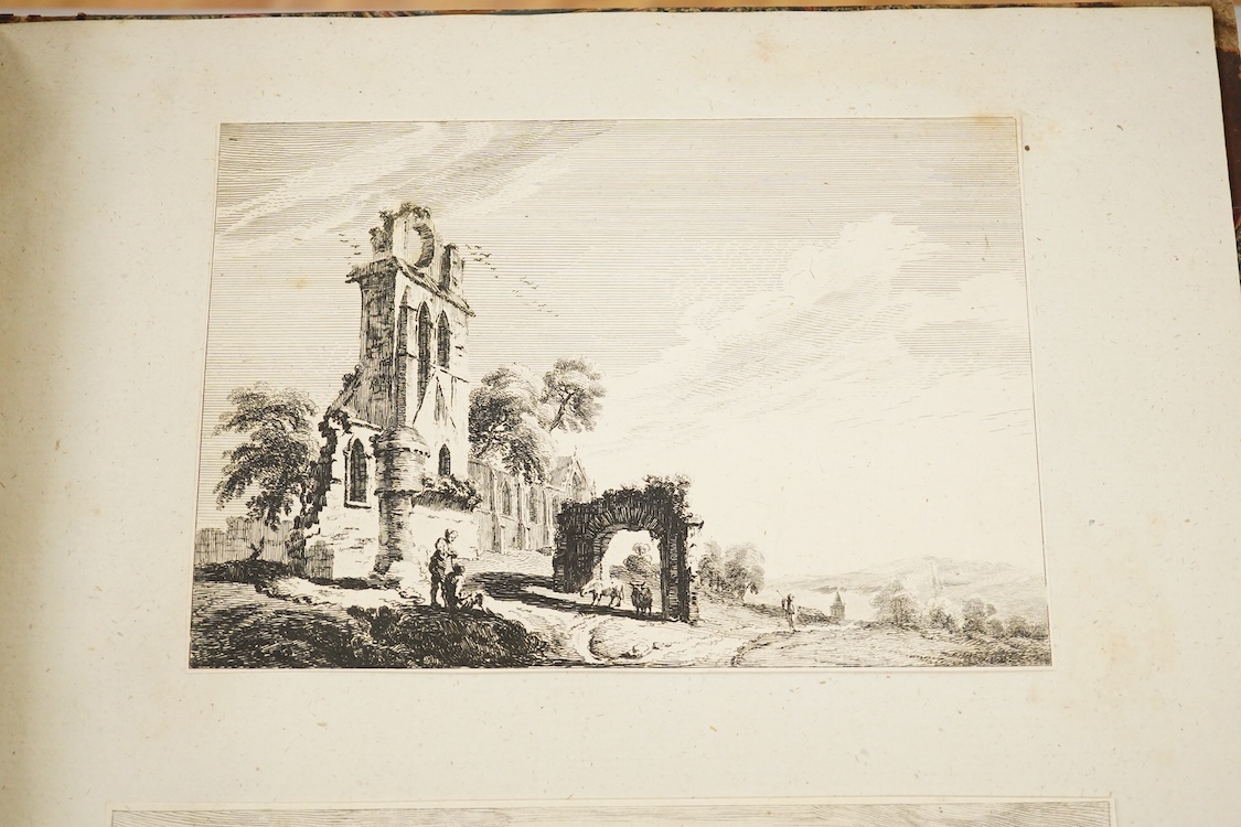 After Paul Sandby RA (1731-1809), an album of etchings and prints, various landscape and figural studies, some inscribed ‘Sandby fecit’, in pencil, with leather binding and marbled end pages. (Front cover detached)